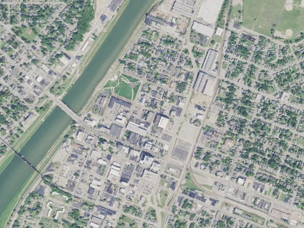 Aerial photograph of downtown Hamilton today, in the same frame as the 1899 map